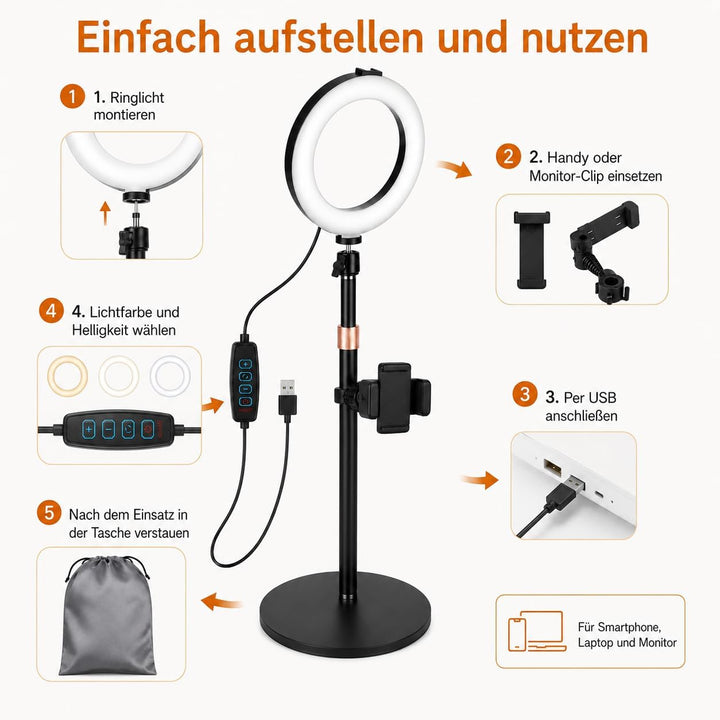 6 Zoll Ringlicht mit Stativ, LED Ring Light für Handy und Laptop | 3 Lichtfarben, 10 Helligkeitsstuf