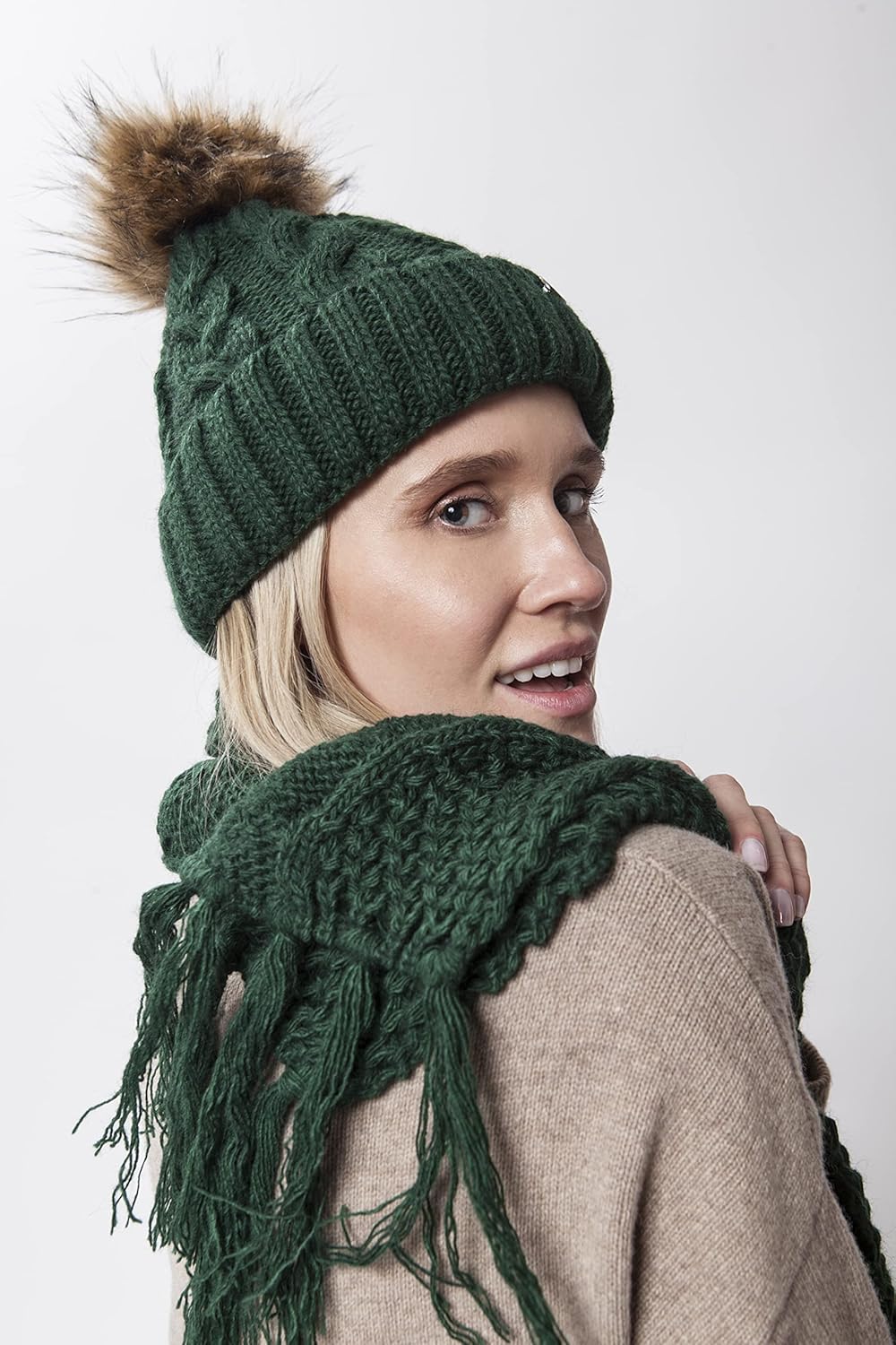 ELIMELI® Winter Mütze Damenmütze mit Fell-Bommel Fleece Innenfutter gefüttert - warme Damen Bommelmü