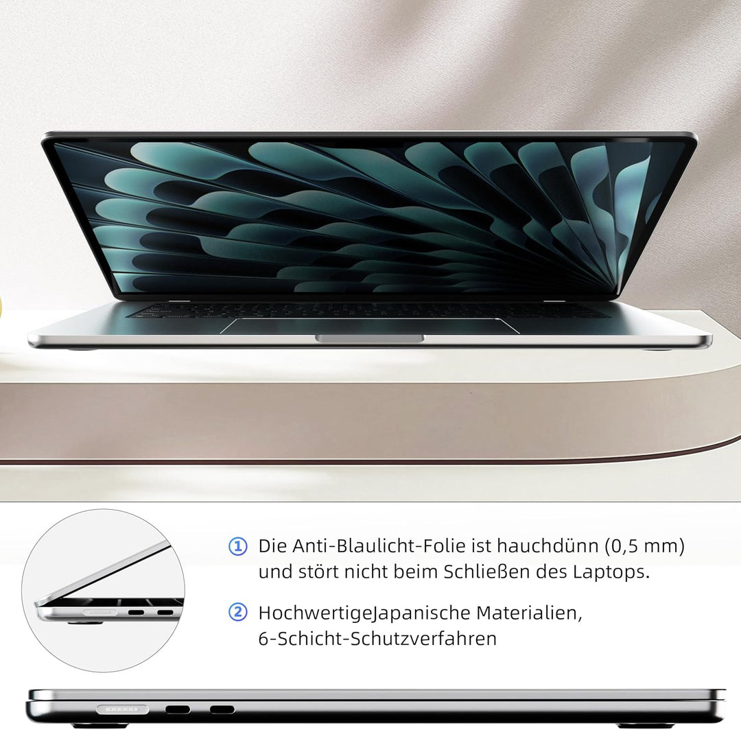 2 Stück Blaulichtfilter Displayschutzfolie für MacBook Air 15 Zoll(2023-2025, M2 M3 M4), Blendschutz