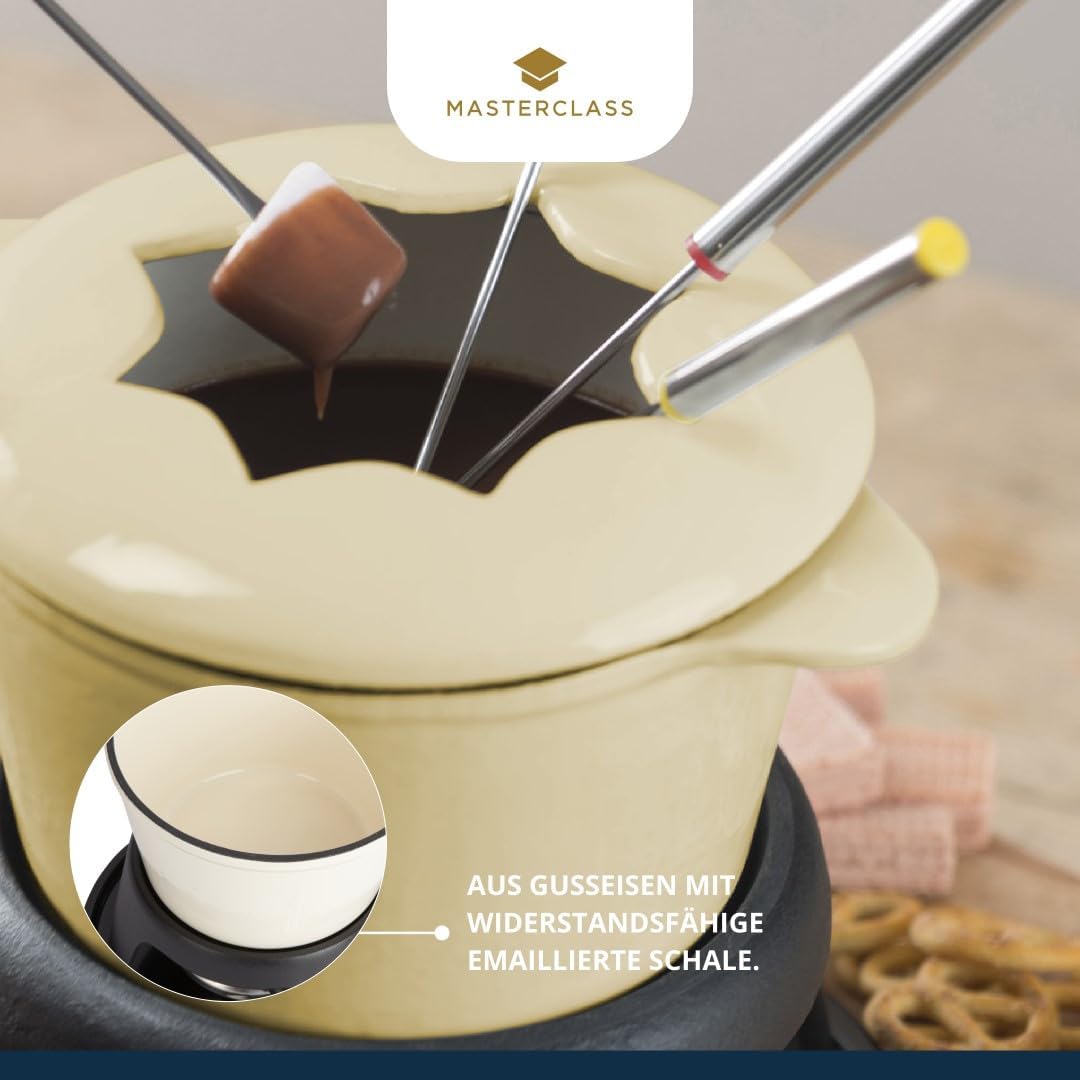 MasterClass Fleisch-/Käse-/Schokoladen-Fondue-Set aus Gusseisen, mit Sechs Edelstahlgabeln, 21 x 18