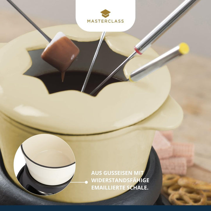 MasterClass Fleisch-/Käse-/Schokoladen-Fondue-Set aus Gusseisen, mit Sechs Edelstahlgabeln, 21 x 18