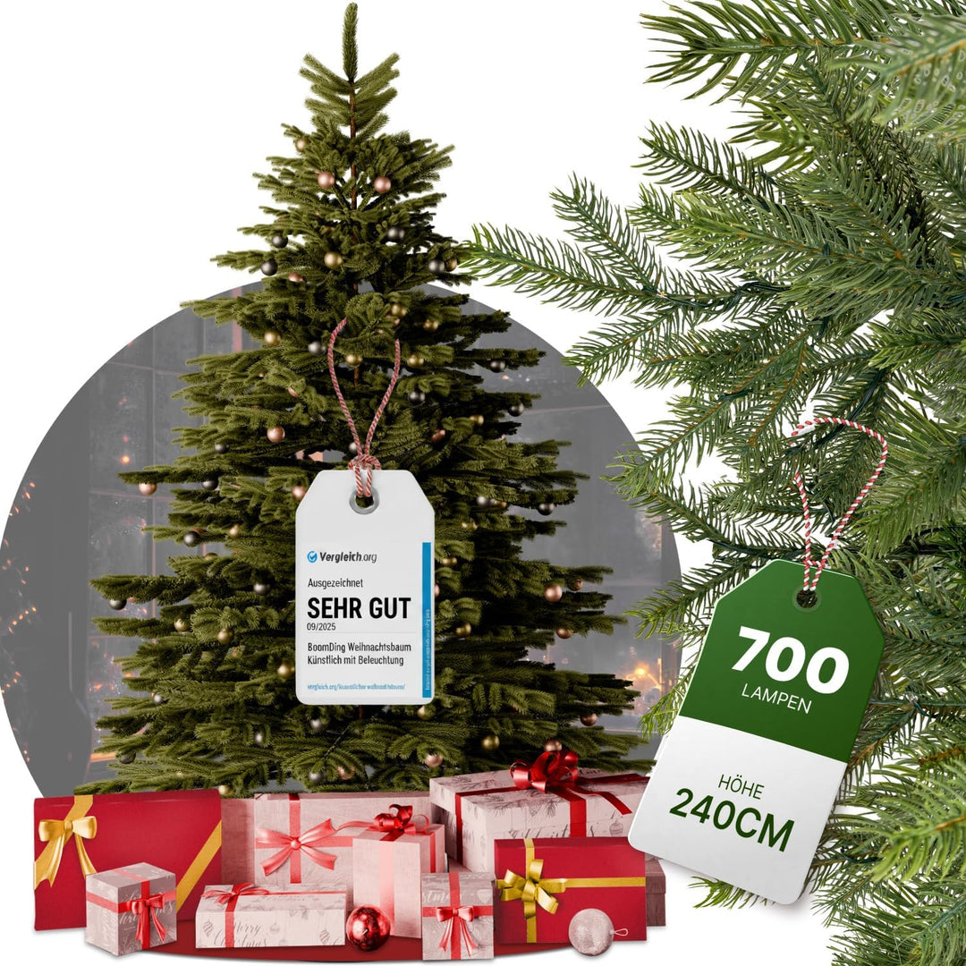 BoomDing Weihnachtsbaum künstlich mit Beleuchtung - extra naturgetreuer Tannenbaum 240 cm - 700 LED