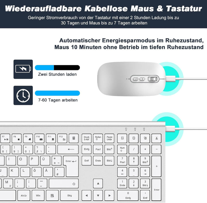 cimetech Tastatur Maus Set Kabellos, Ultra-Dünne Wiederaufladbare Kabellose Tastatur und Maus Ergono