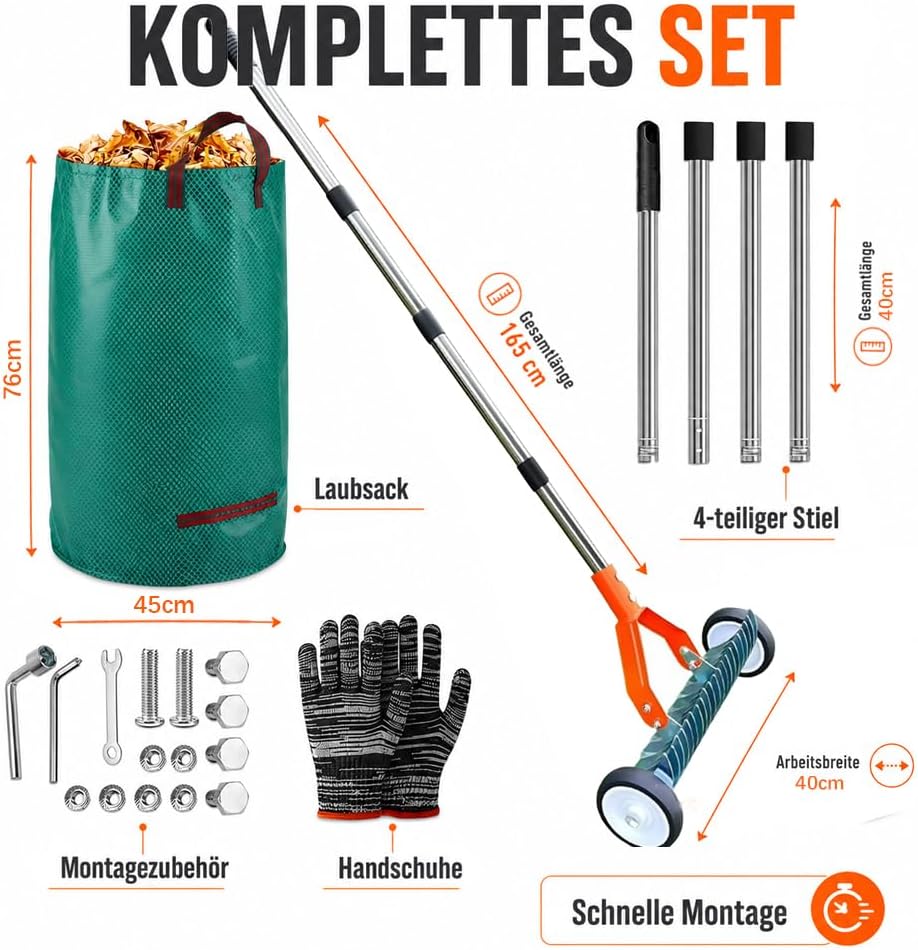 Handvertikutierer mit Rollen, Schneidrechen mit Stiel 165cm, Vertikutierer Rechen Hand mit Gartenabf