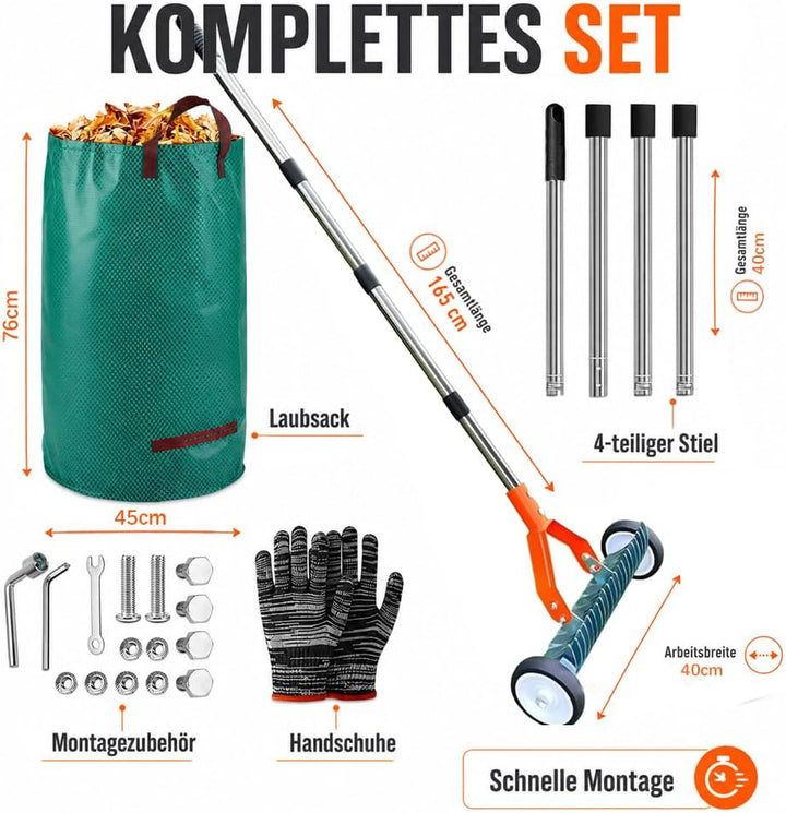 Handvertikutierer mit Rollen, Schneidrechen mit Stiel 165cm, Vertikutierer Rechen Hand mit Gartenabf