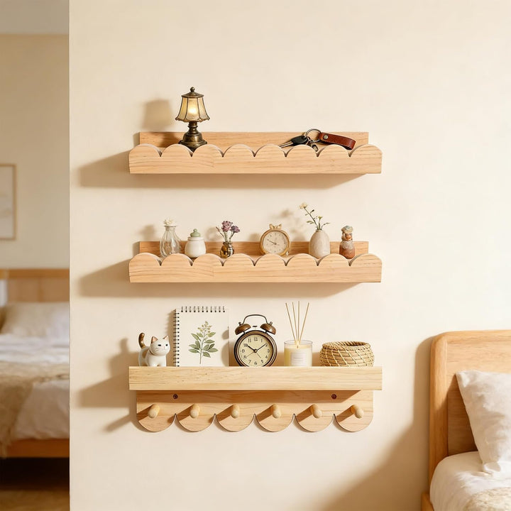 GBKDQQ 3er Bücherregal Kinder Wand Set, 40cm Wandregal Kinderzimmer mit Holzhaken, Holz Wandregal Bü