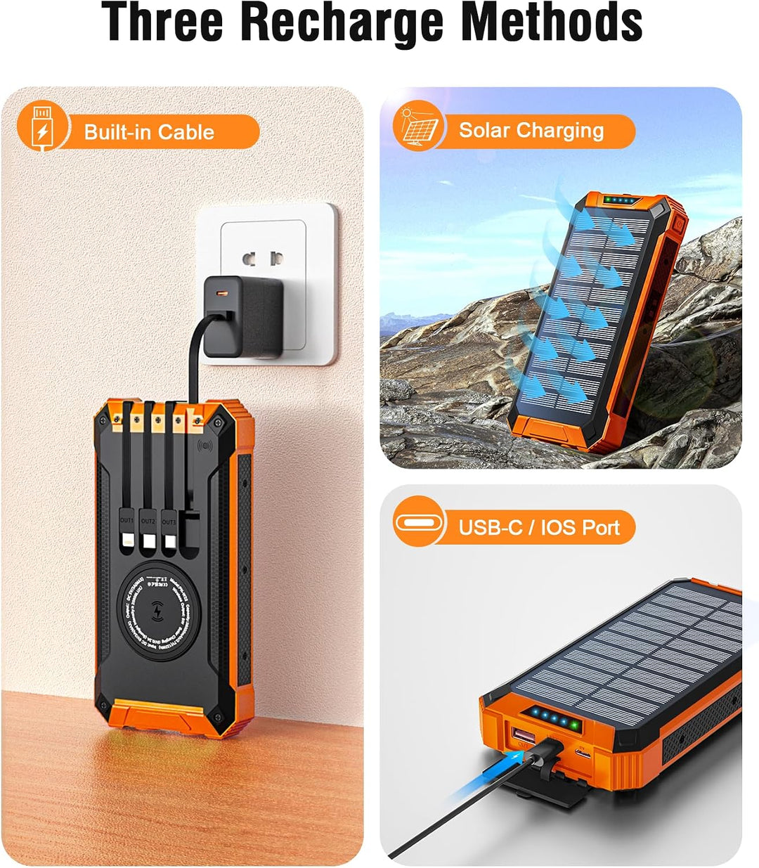 Solar Powerbank 26800mAh mit integrierten 4 Kabeln, Wireless Power Bank USB-C Ausgang/Eingang 15W Sc