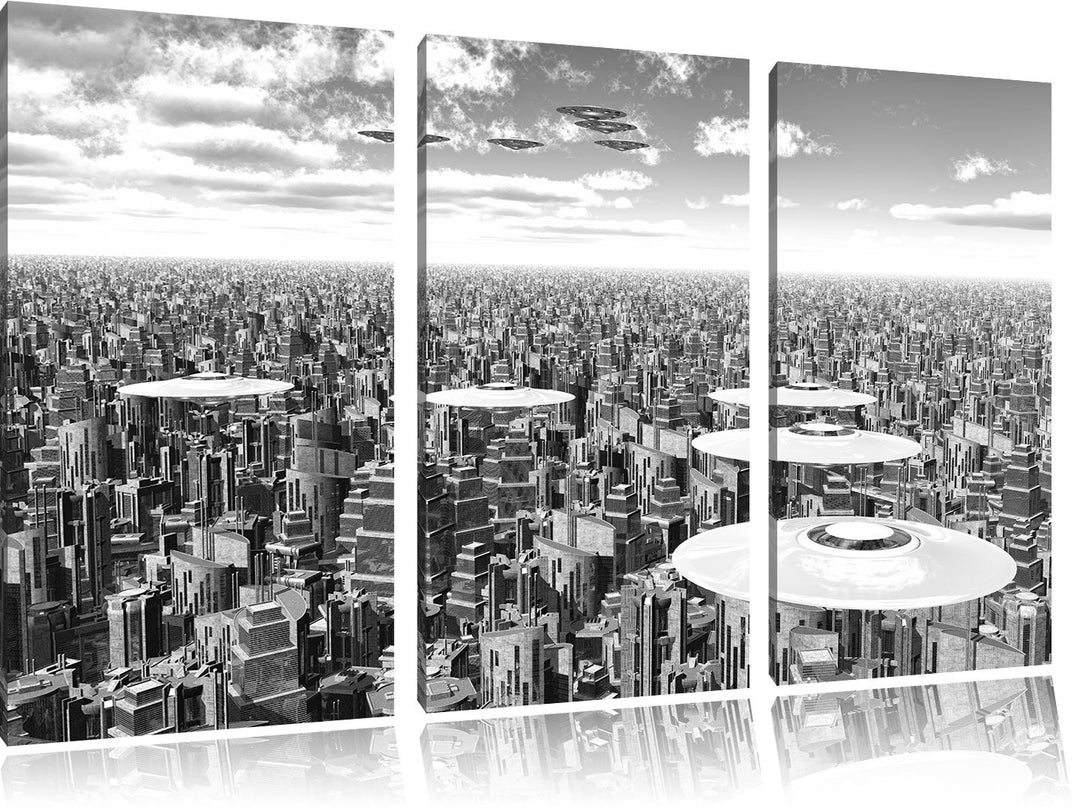 Pixxprint UFO´s über der Stadt Kunst B&W 3-Teiler Leinwandbild 120x80 Bild auf Leinwand
