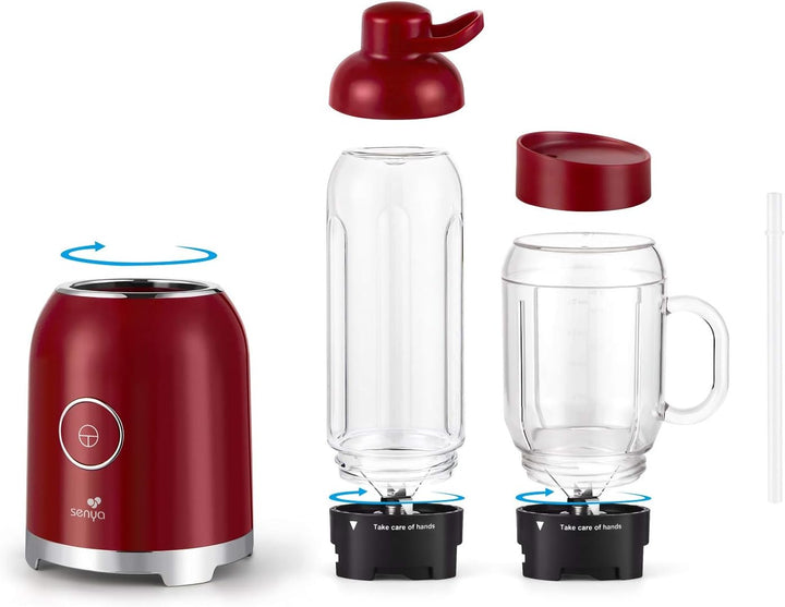 Senya Standmixer Smoothie mit 2 tragbaren Flaschen, Rot, Juicy Delight 250 W, 6 Klingen aus Edelstah
