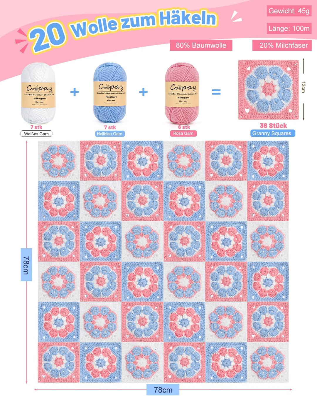 Coopay Granny Square Häkelset für Anfänger Profis, Komplettes Häkelset für Decke Häkeln, Häkel Set m