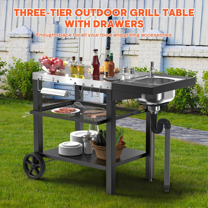 GFTIME Grillwagen 107x63x81cm, Grilltish mit Spüle für Ninja woodfire, für Pizzaöfen, grillwagen Out
