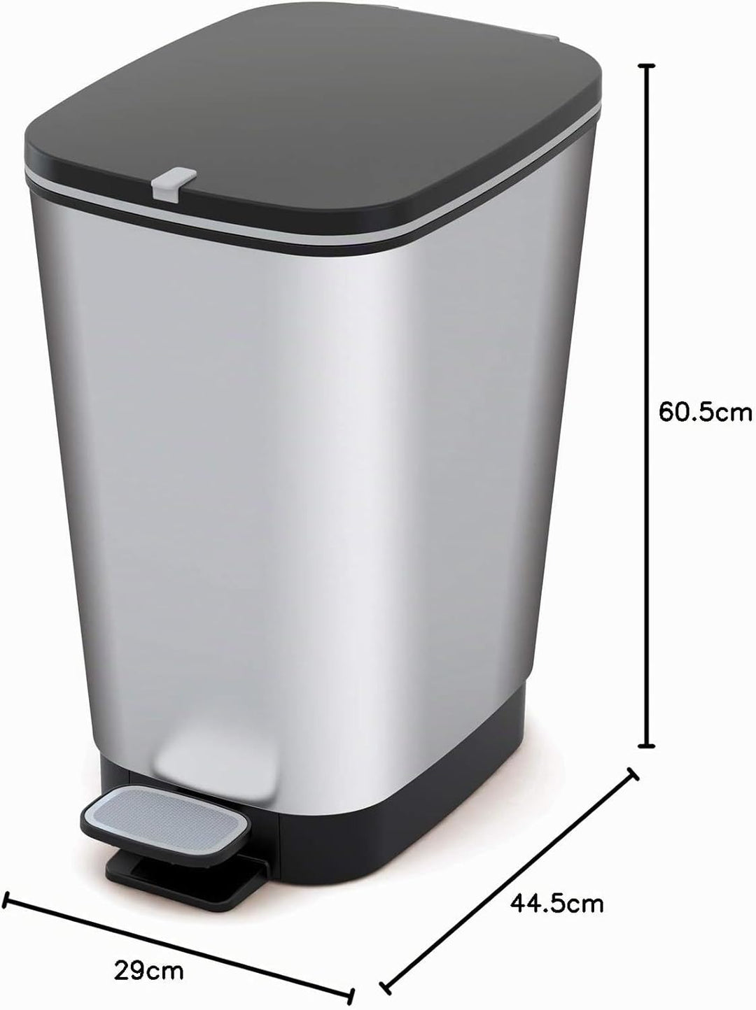 CURVER KIS Chic Bin Style Treteimer 45l mit Deckel und Pedal, Müllbeutelaufhängung, Silber metallic,