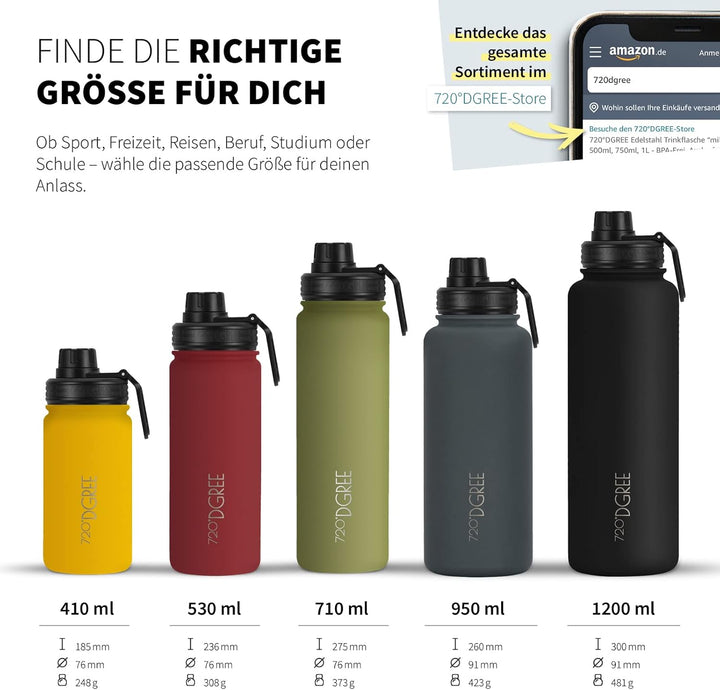 720°DGREE Edelstahl Trinkflasche Kinder 530ml “noLimit” - Auslaufsicher, für Kohlensäure, BPA-Frei -