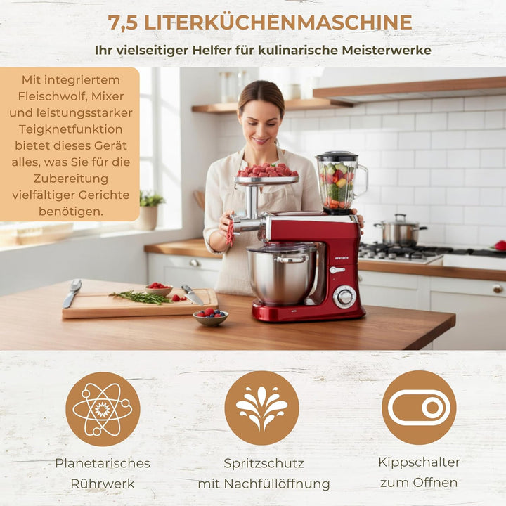 Syntrox Germany Küchenmaschine Wasas Mixen & Zerkleinern 7,5 Liter, Mixer und Fleischwolf in einem,