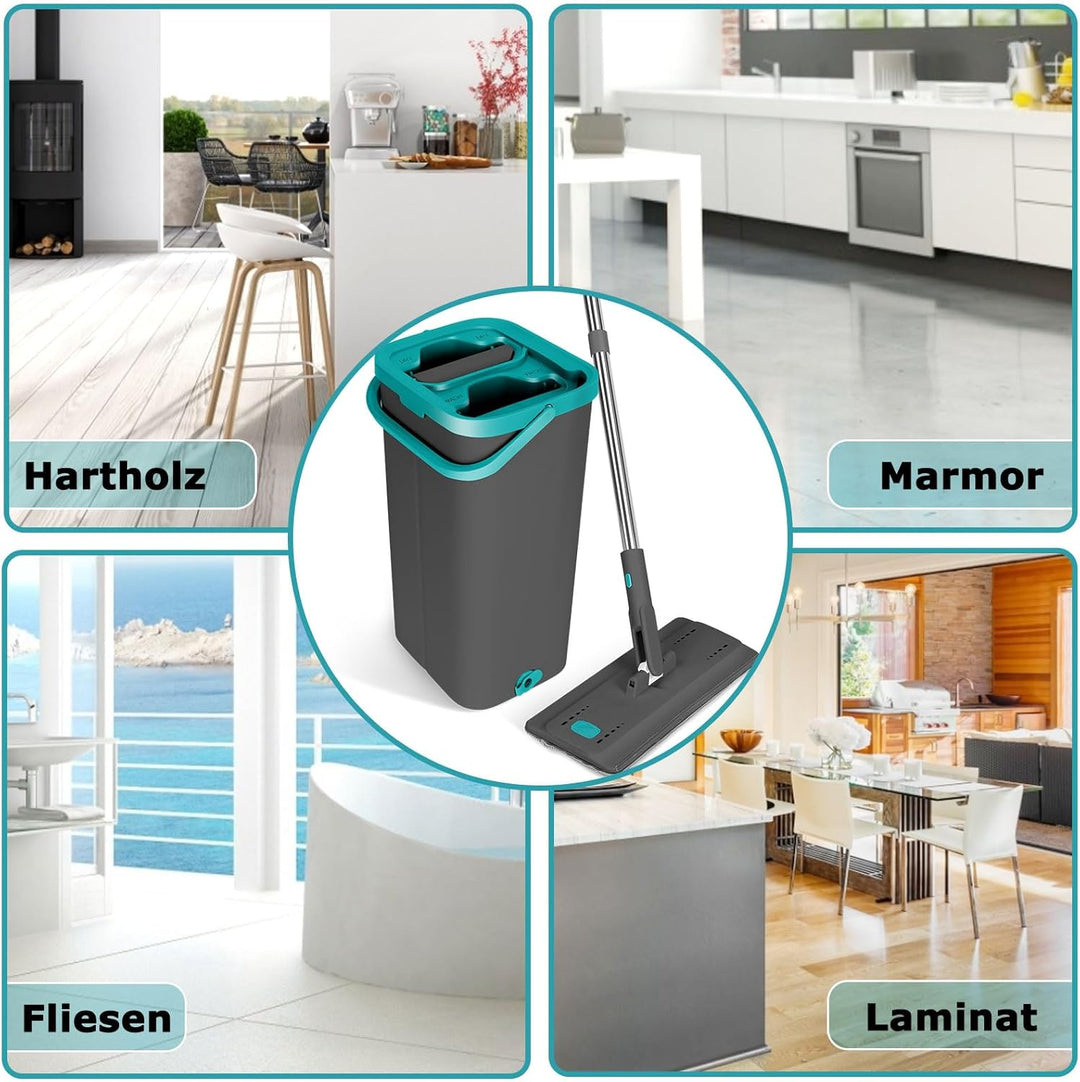 Masthome Wischmopp Set mit Eimer, Putzeimer mit Flachmopp und 6 Mikrofaser Wischpads, Edelstahl Grif