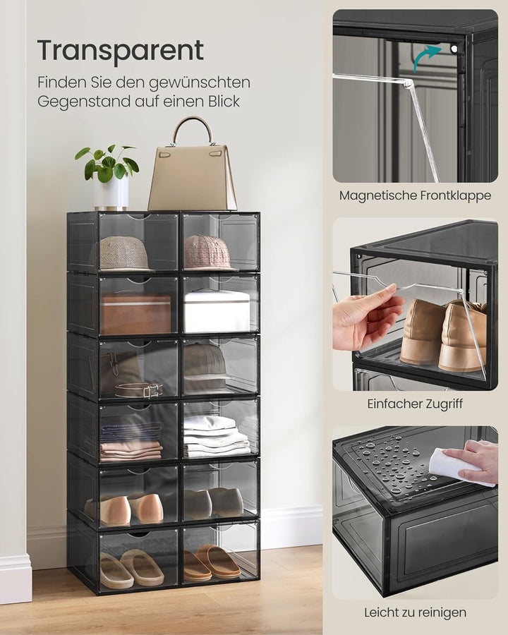 SONGMICS Schuhboxen, Schuh-Organizer aus Kunststoff, mit Tür, durchsichtig, Kunststoffboxen, 12er Se