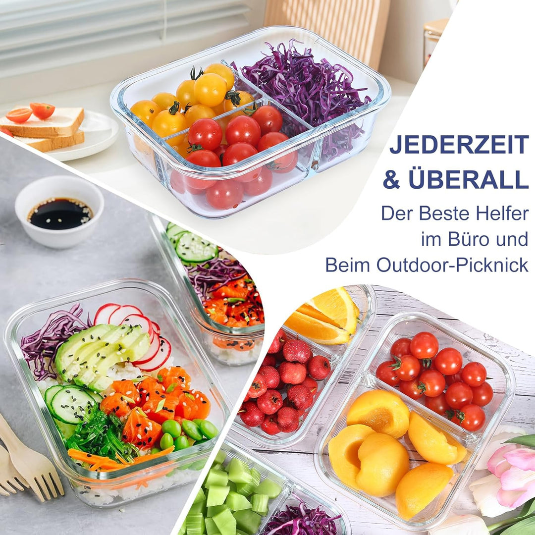 Meal Prep Boxen Glas 1&2&3 Fächer (3Stück, 1040ml) Glasbehälter mit Deckel Frischhaltedosen mit Deck