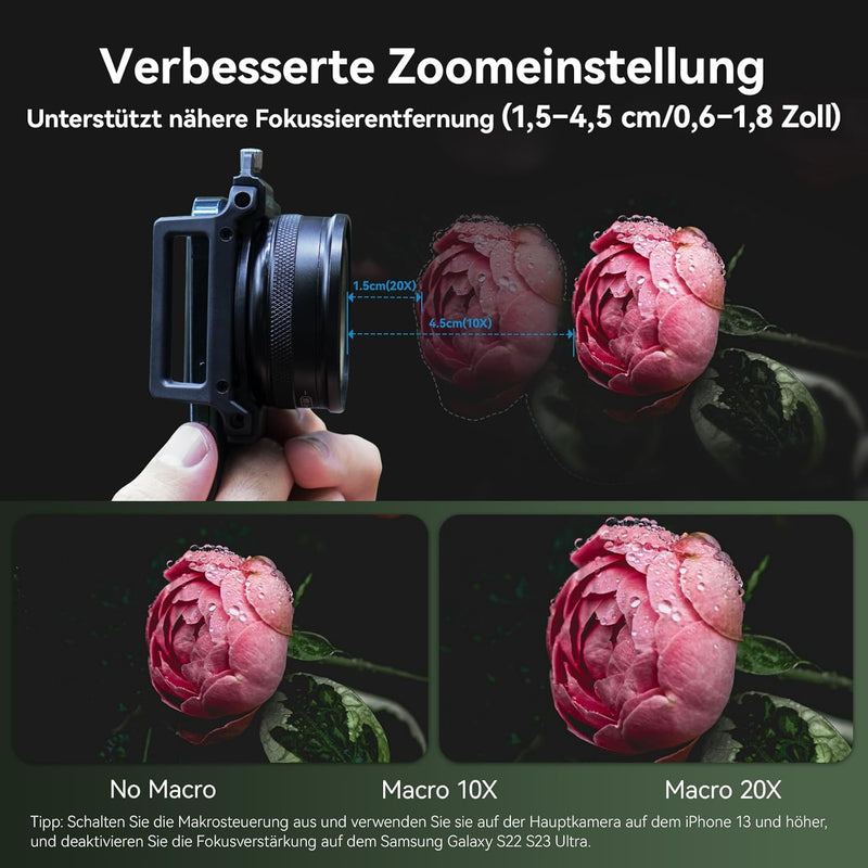 APEXEL 10X-20X HD-Zoom-Makroobjektiv mit universellem Handy-Clip, Smartphone-Macro Lens, Handy Objek