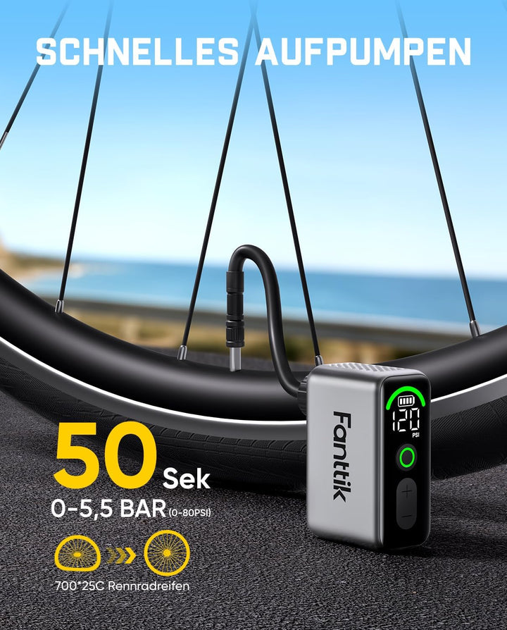 Fanttik X10 Ace Tiny Fahrradpumpe, Mini Elektrische Fahrradluftpumpe | digitaler Manometer, Auto-Sto