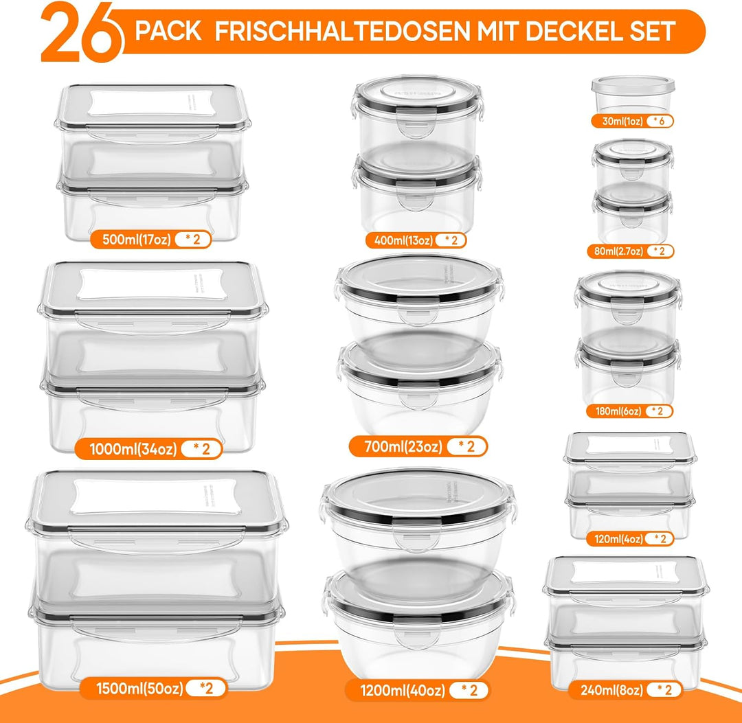 Wwtop 52er Frischhaltedosen mit Deckel, Vorratsdosen Set (26 Behälter + 26 Deckel), Meal Prep Boxen,