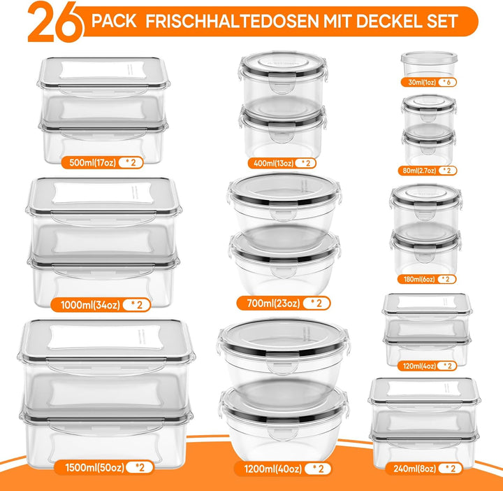 Wwtop 52er Frischhaltedosen mit Deckel, Vorratsdosen Set (26 Behälter + 26 Deckel), Meal Prep Boxen,