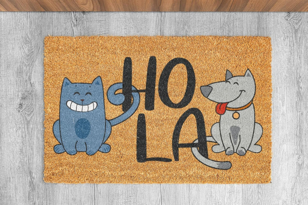 KOKO DOORMATS Kokos Fussmatte aussen mit Anti-Rutsch PVC | Lustige Türmatte Hola - Cat &amp; Dog | Umwel
