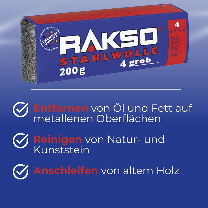RAKSO Stahlwolle grob 4-4,8 kg, 24 Banderolen à 200g, entfernt Öl, Fett auf Metall, reinigt Natur, K