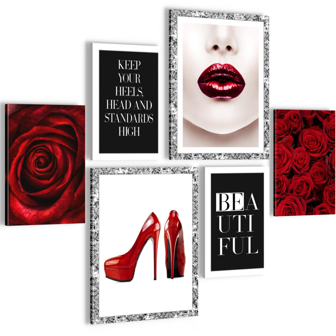 Novart Wandbilder Set Fashion Coco Rot - KEIN EXTRA RAHMEN BENÖTIGT - Modern Deko - Wohnzimmer Mädch