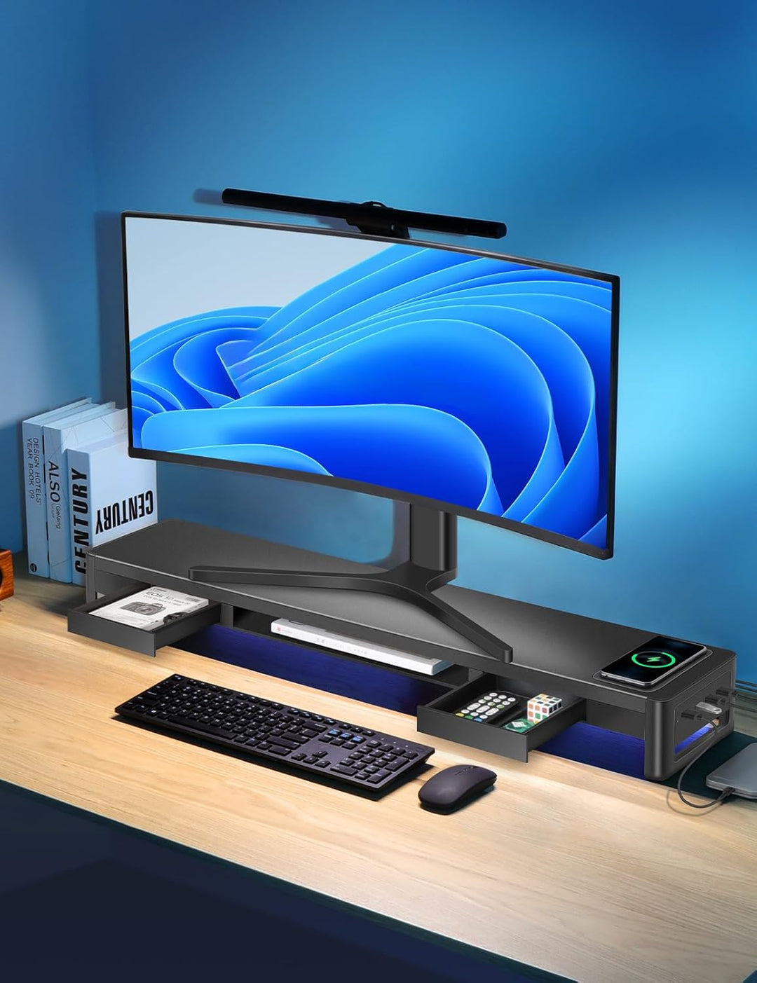 Meatanty 3 in 1 Dual Monitorständer mit 2 Schubladen, 1 kabelloses Lademodul und 4 USB Anschlüssen,