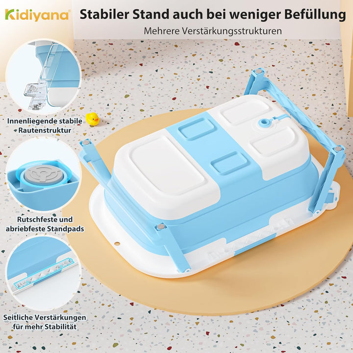 Baby Badewanne faltbar mit Gestell, stabil und rutschfest, platzsparend klappbar, mit Ablauf, PP & T