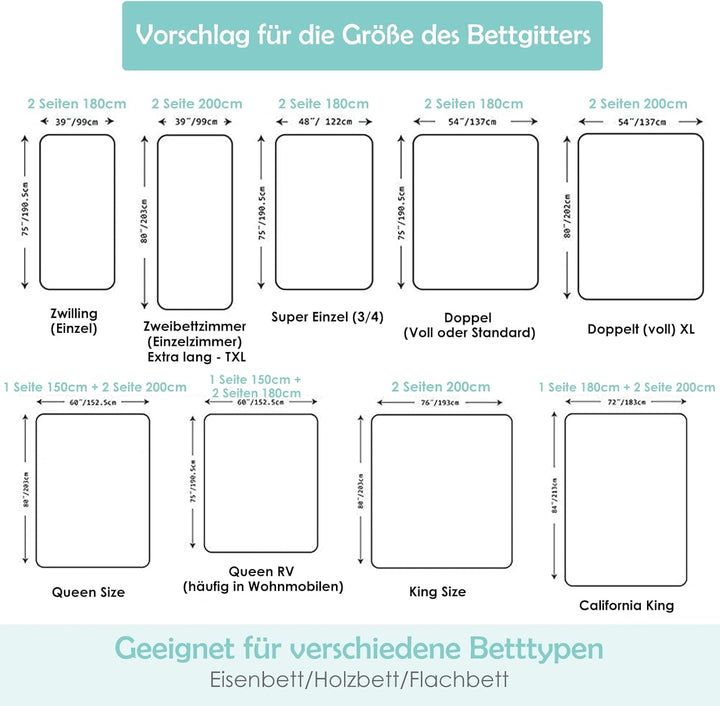 COSTWAY 145cm/175cm Bettgitter, 24 Stufen höhenverstellbares Babygitter mit doppeltem Verschluss & R