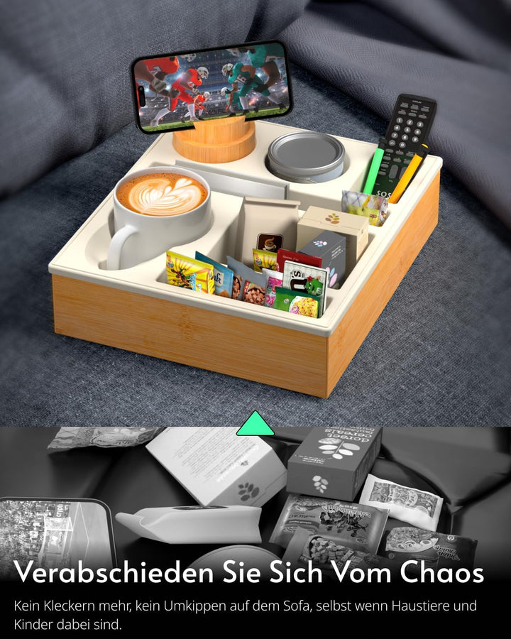 Couchbar Snackbox Silikon sofatablett mit 360 Grad Drehbar Handyhalter beistelltisch mit Holz Sofata