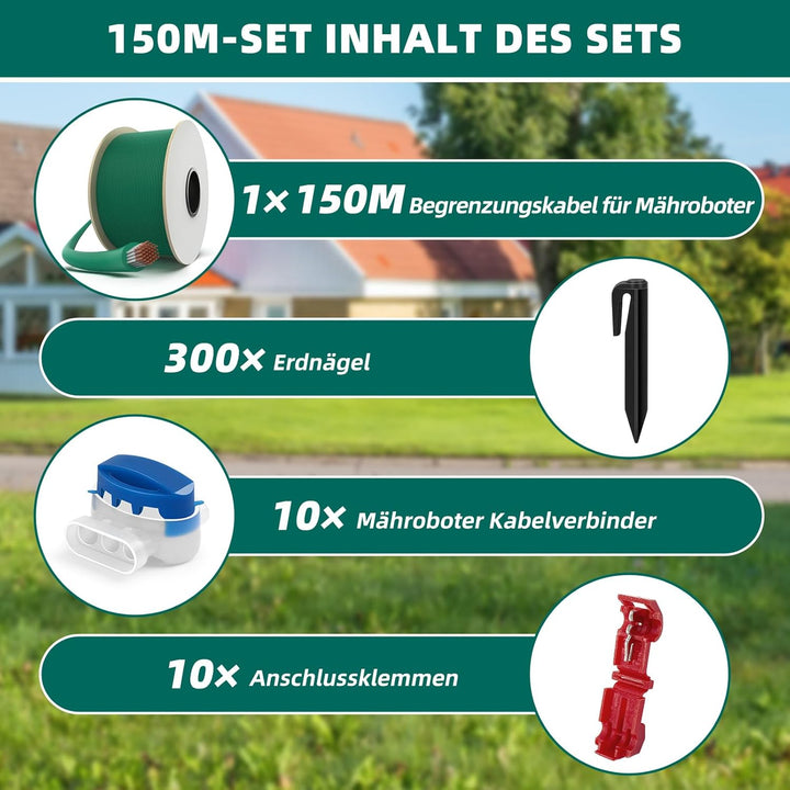 150M Universal Begrenzungskabel für Mähroboter + 300 Erdnägel + 10 Mähroboter Kabelverbinder + 10 An