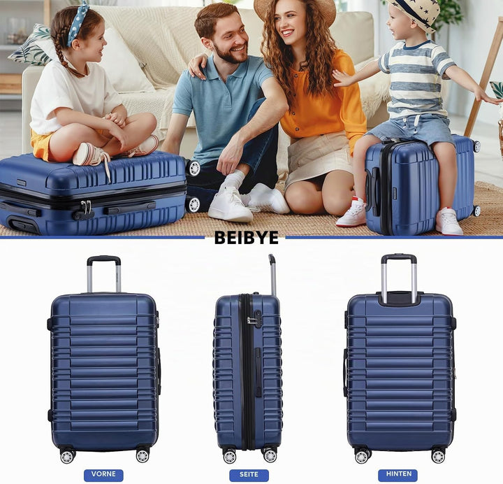 BEIBYE Hartschalen Koffer Trolley Rollkoffer Reisekoffer Zwillingsrollen Kofferset (Dunkelblau, Set)