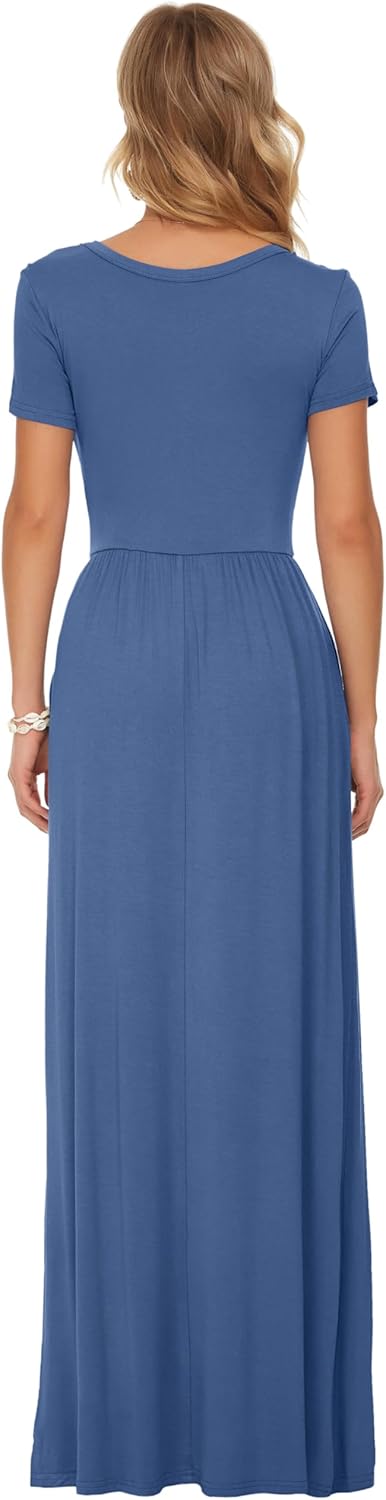 AUSELILY Damen Kurzarm Loose Casual Long Maxi Kleider mit Taschen Beja Blue S, Beja Blue S