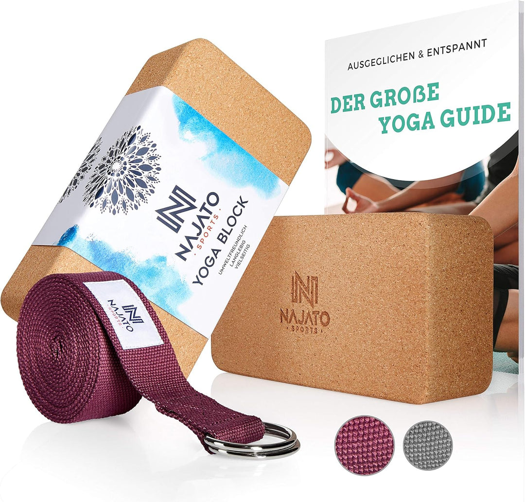 NAJATO Sports Yoga Block Kork 2er Set – Wahlweise mit Yogagurt – Yogablock inkl. E-Book (PDF Datei)