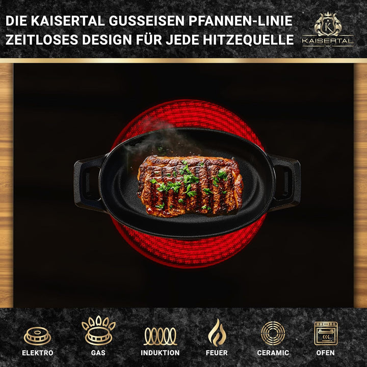 KAISERTAL Servierpfanne Gusseisen 15x10 cm – Pfanne mit 2 Griffen & Holzuntersetzer – Servierpfanne