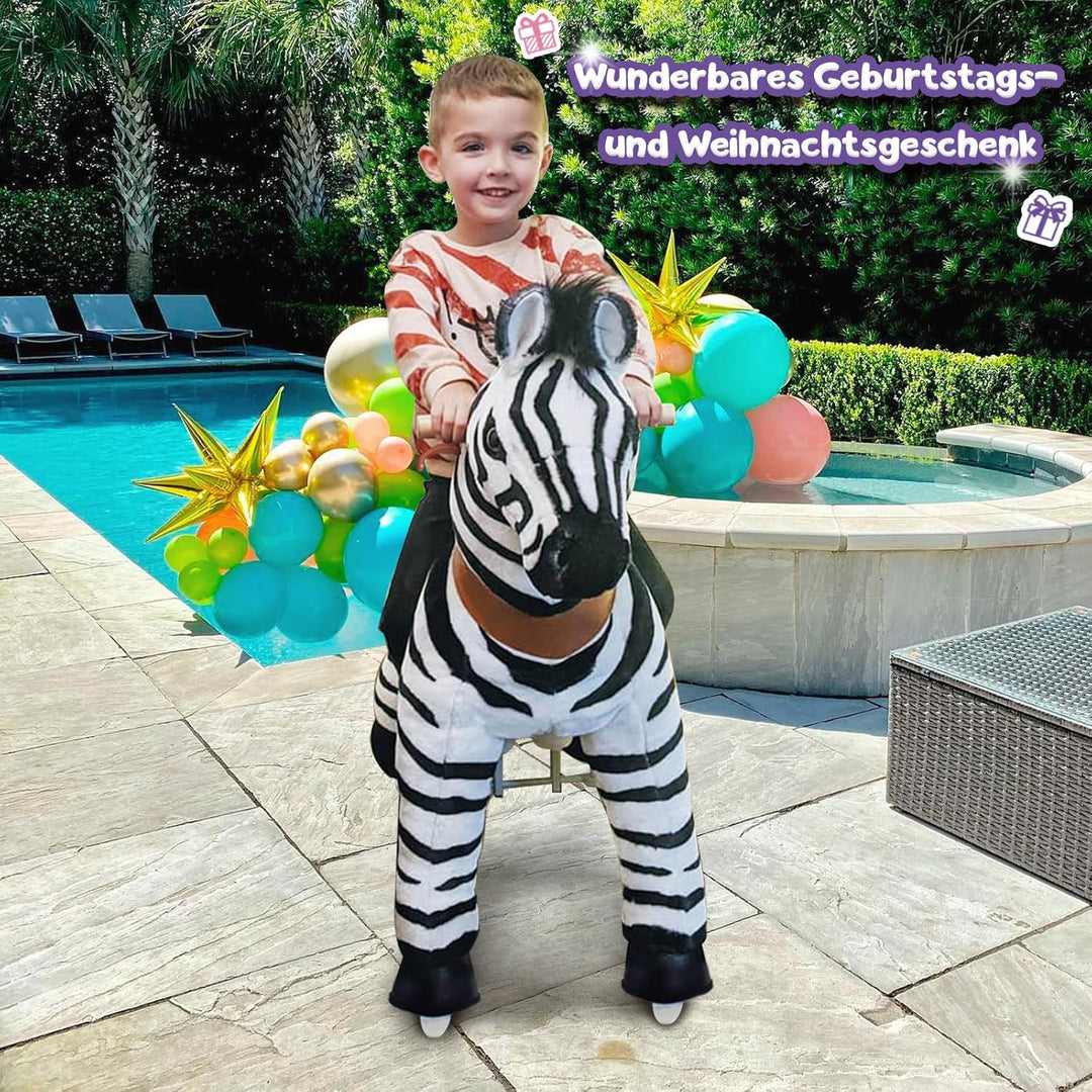 PonyCycle Zebra Pferd zum Reiten, für Kinder 4–7 Jahre, 76cm Hoch, Reitpferd auf Rollen mit Handbrem