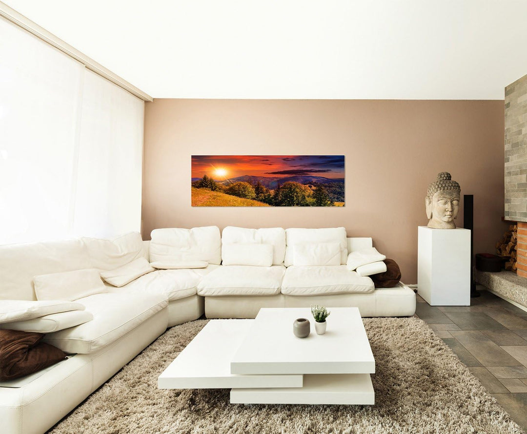 Paul Sinus Art Panoramabild auf Leinwand und Keilrahmen 150x50cm Berge Wald Wiesen Sonne Abendrot