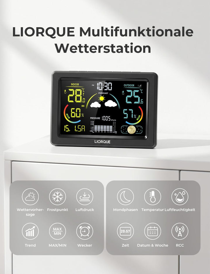 LIORQUE Wetterstation Funk mit Aussensensor, DCF Funkuhr, Funkwetterstation mit Wettervorhersage, In