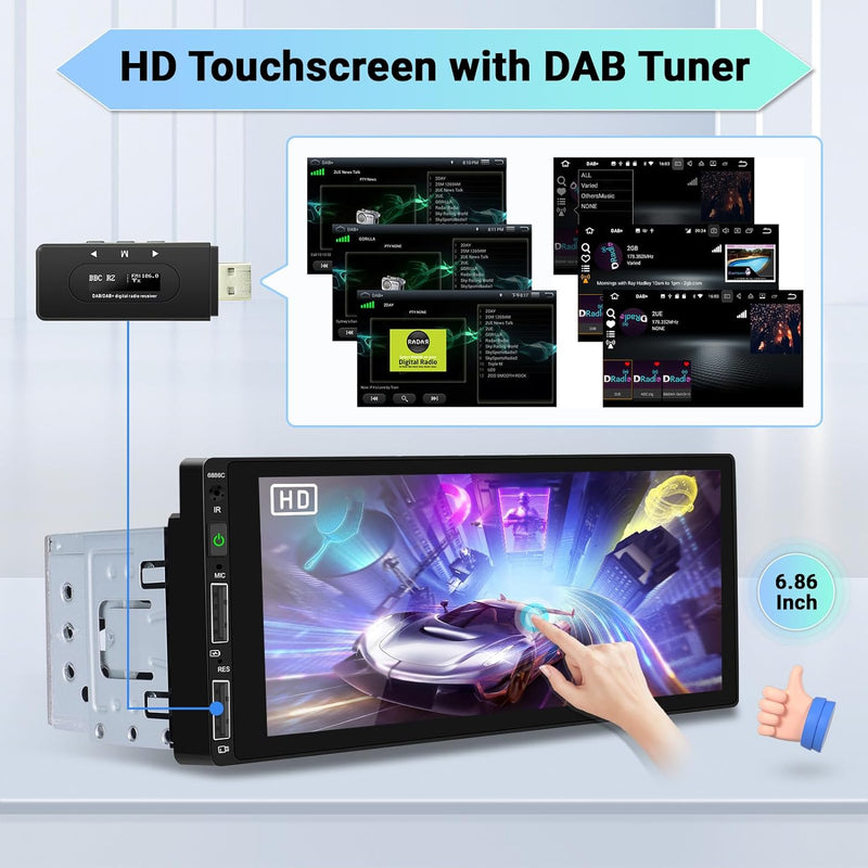 Hikity DAB DAB+ Autoradio 1 Din mit Apple CarPlay Android Auto Touch Display 6,86 Zoll Radio mit Bil