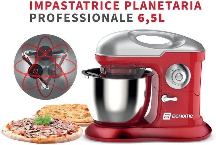 Behome Professionelle Planetenknetmaschine 6,5L rot | 10 Geschwindigkeiten, 2 Schneebesen und 1 Knet