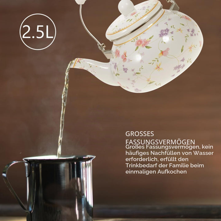 Vaguelly Wasserkessel Emaille Retro, 2500ml Teekanne Nostalgie Wasserkocher mit hitzbeständigem Kera