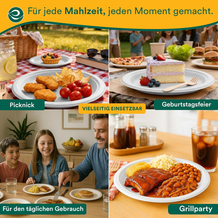 ECO SOUL Pearl White Runde 15cm Bagasse Pappteller (100 Stück), Einweggeschirr und 100% Kompostierba