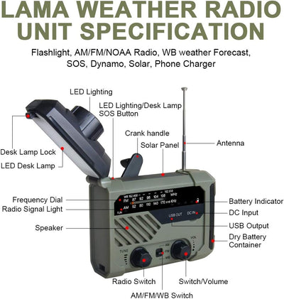 LAMA Solar Radio AM/FM Kurbelradio Notfallradio 2000mAh Powerbank USB Aufladbarer mit Handkurbel Dyn