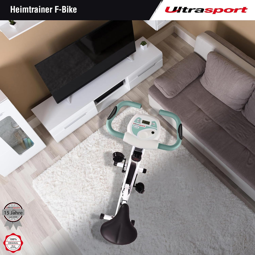 Ultrasport F-Bike, Fahrradtrainer, Heimtrainer, klappbarer Hometrainer, LCD Display, opt. Handpulsse