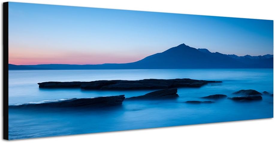 Paul Sinus Art Panoramabild auf Leinwand und Keilrahmen 150x50cm Schottland Berge Felsen Meer Dämmer