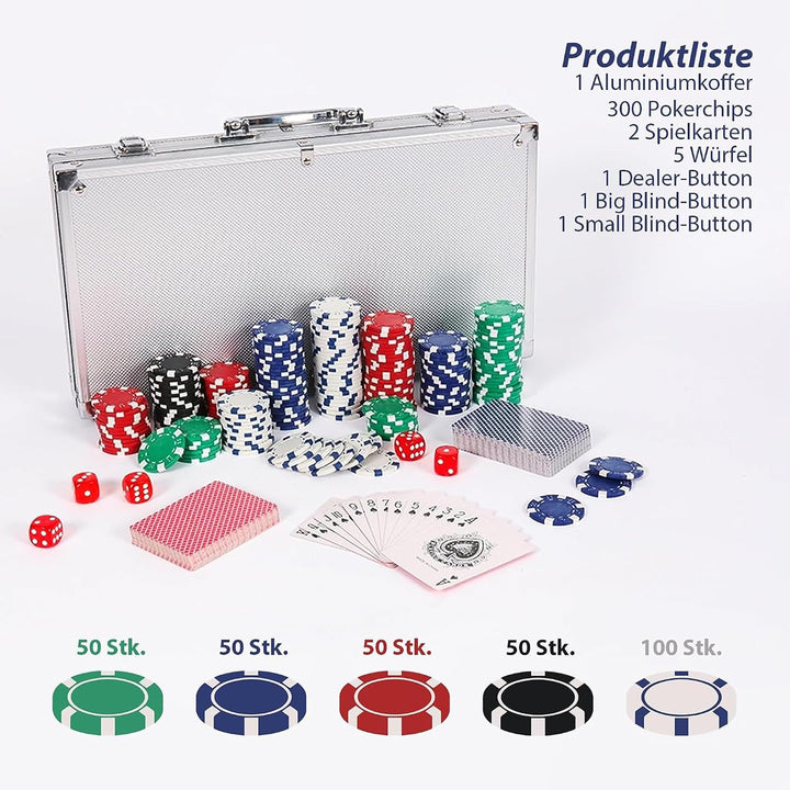 Pokerset inkl. 2X Pokerdecks, 5X Würfel, Dealer/Small Blind/Big Blind Button, Pokerspiel Alu Pokerko