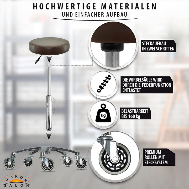 Premium Rollhocker braun höhenverstellbar von 55 bis 75 cm - Rundsitz- Drehhocker Arbeitshocker Prax