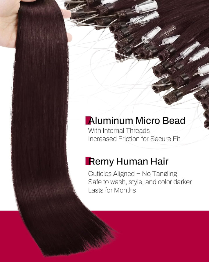 Moresoo Microring Extensions Echthaar 50 cm Haarverlängerung Echthaar Microring #99J Weinrot Micro R